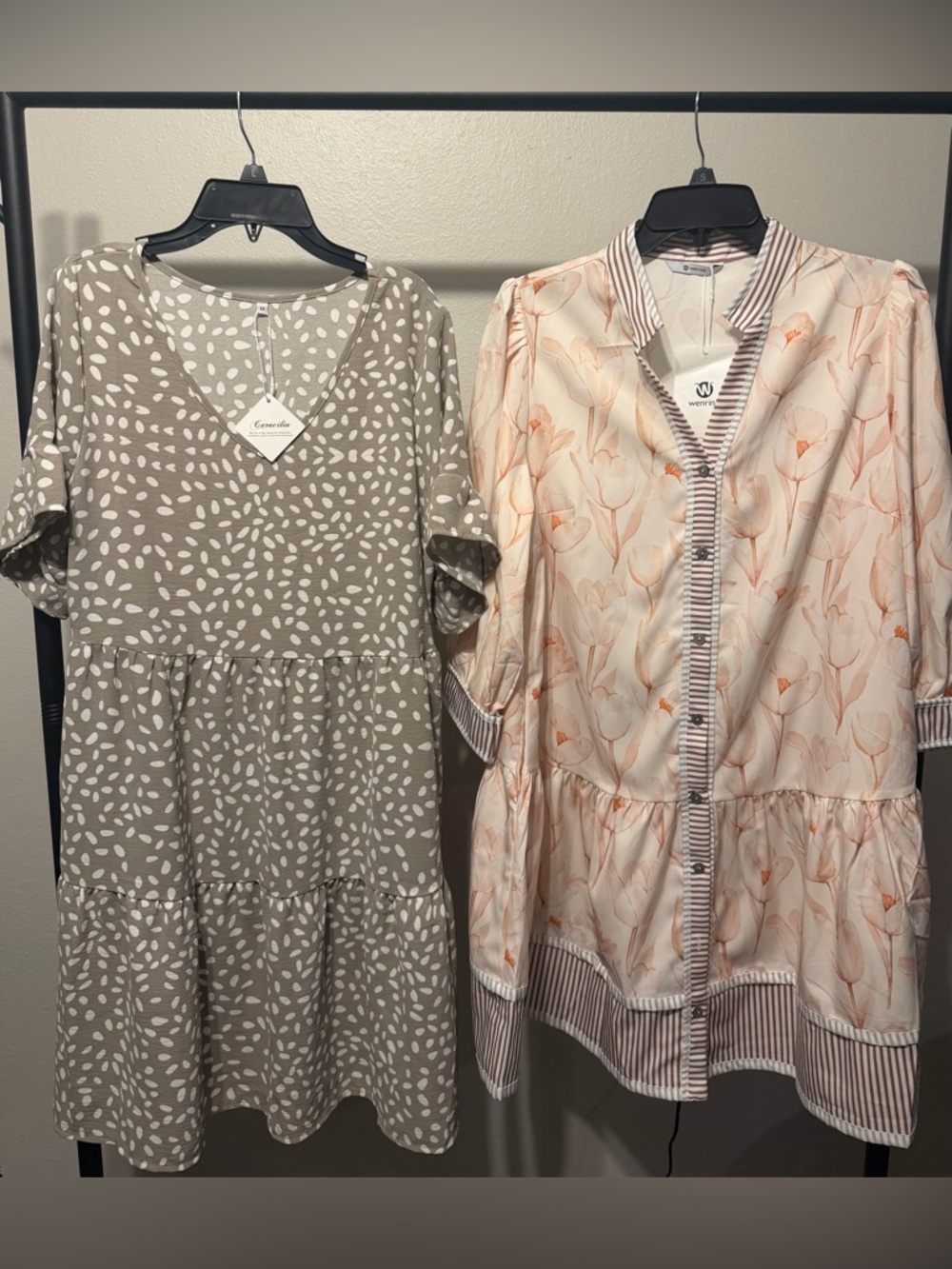 Womens Floral & Neutral Tiered Dresses - Cream Floral Button Front
